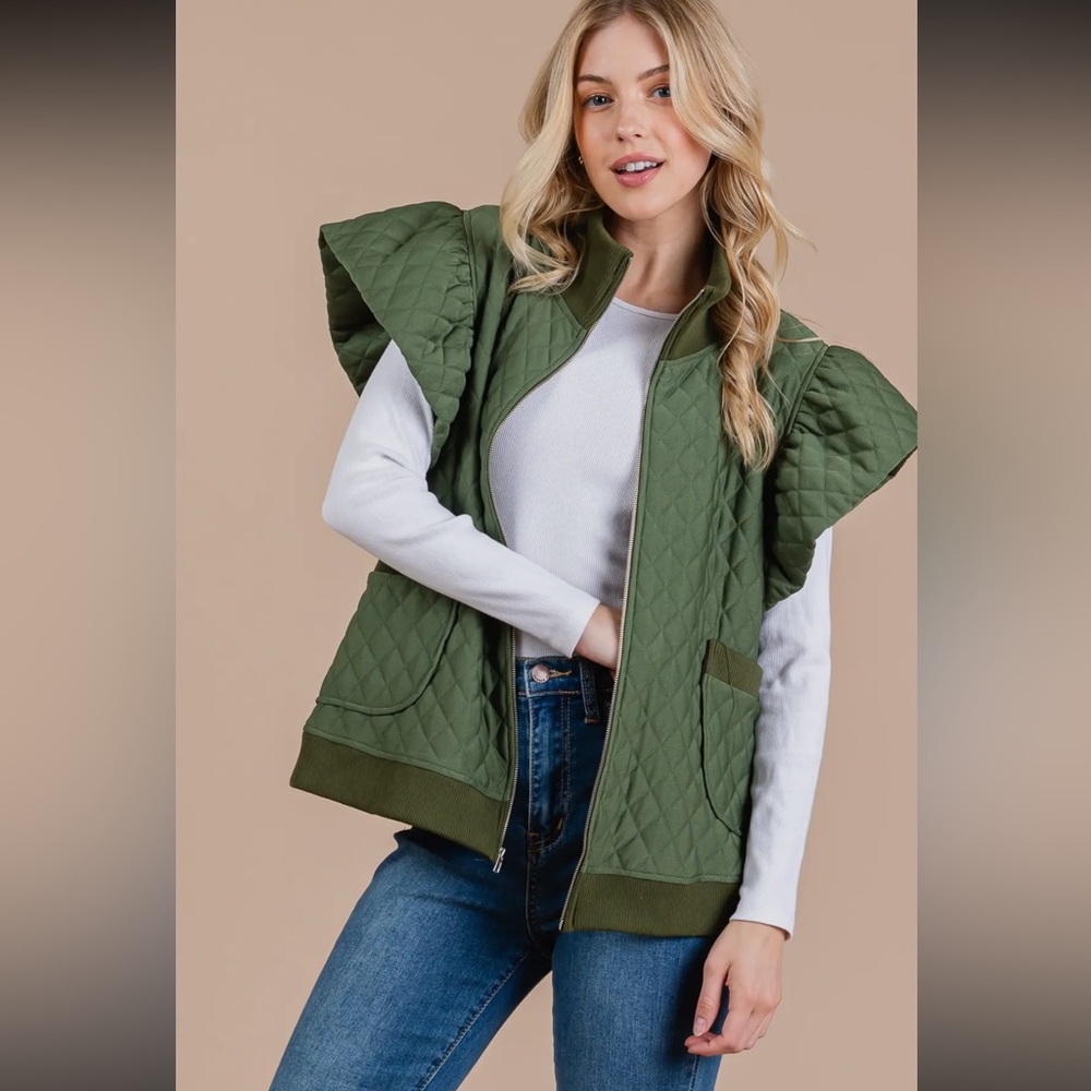 Ruffle Sleeve Textured Zipper Jacket - Picture 4 of 8